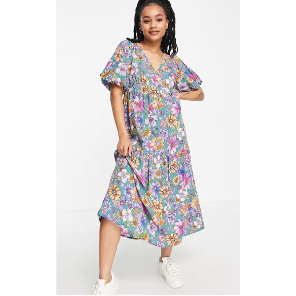 Nobody’s Child Womens Tiered Midi Dress US 6 UK 10Floral Cottagecore Boho Purple